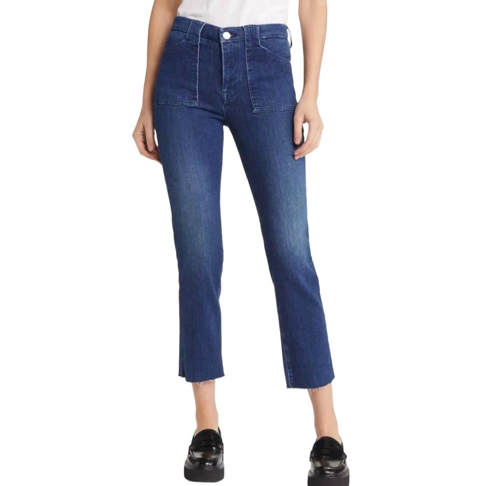 Frame Le High Straight Trapunto Jeans Medium Blue Cargo Pockets Raw Hem Size 28